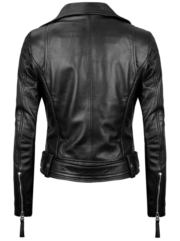 Angela Womens Black Asymmetrical Belted Leather Jacket - Rare Leather