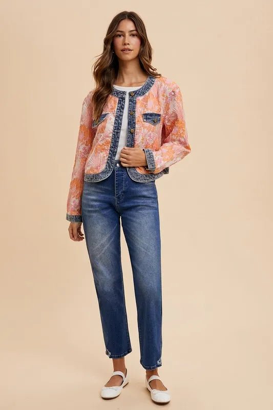Annie Wear Floral Jacquard Denim Contrast Button Down Jacket - Rare Leather
