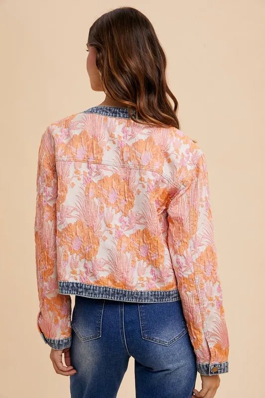 Annie Wear Floral Jacquard Denim Contrast Button Down Jacket - Rare Leather