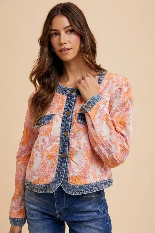 Annie Wear Floral Jacquard Denim Contrast Button Down Jacket - Rare Leather