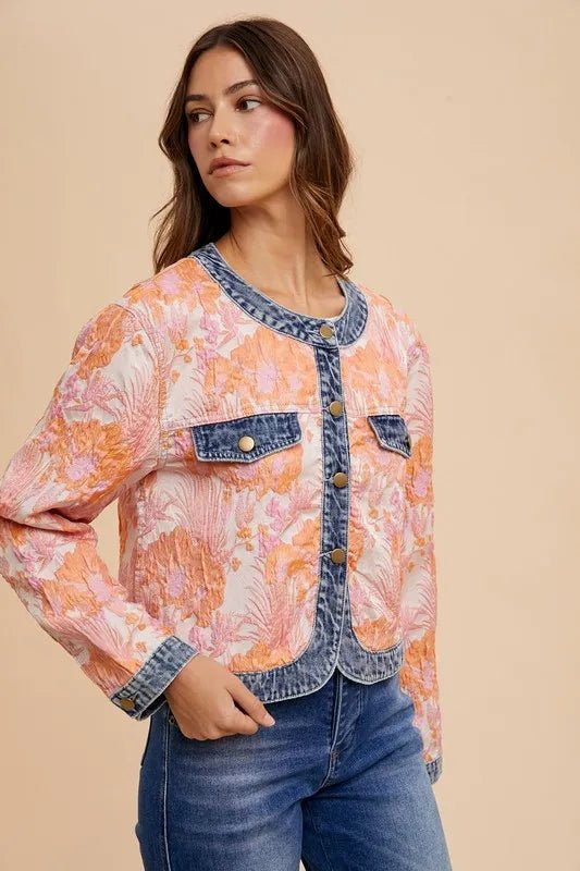 Annie Wear Floral Jacquard Denim Contrast Button Down Jacket - Rare Leather