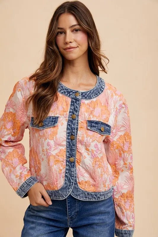 Annie Wear Floral Jacquard Denim Contrast Button Down Jacket - Rare Leather