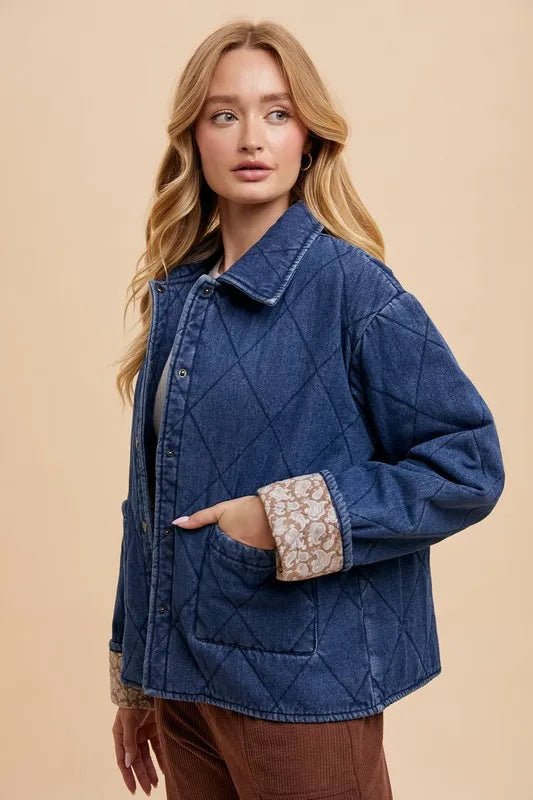 Annie Wear Quilted Printed Lining Snap Down Denim Jacket - Rare Leather