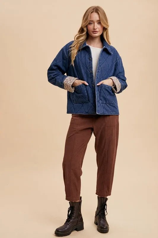 Annie Wear Quilted Printed Lining Snap Down Denim Jacket - Rare Leather