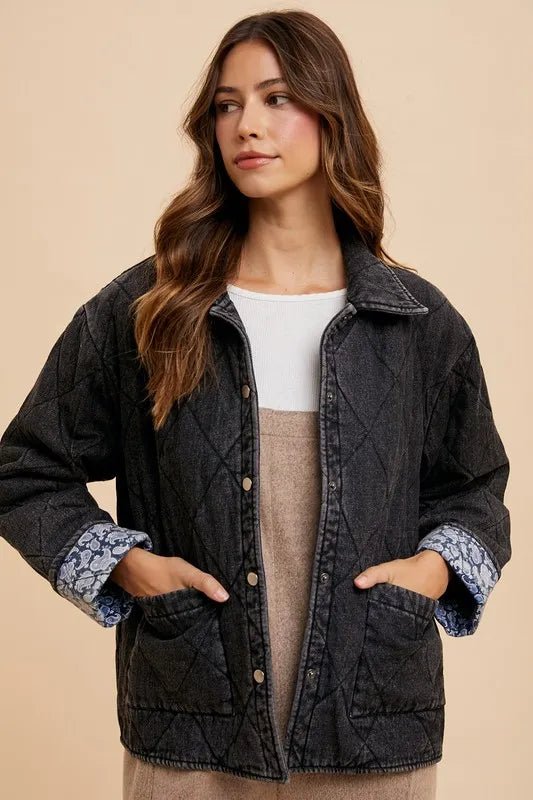 Annie Wear Quilted Printed Lining Snap Down Denim Jacket - Rare Leather