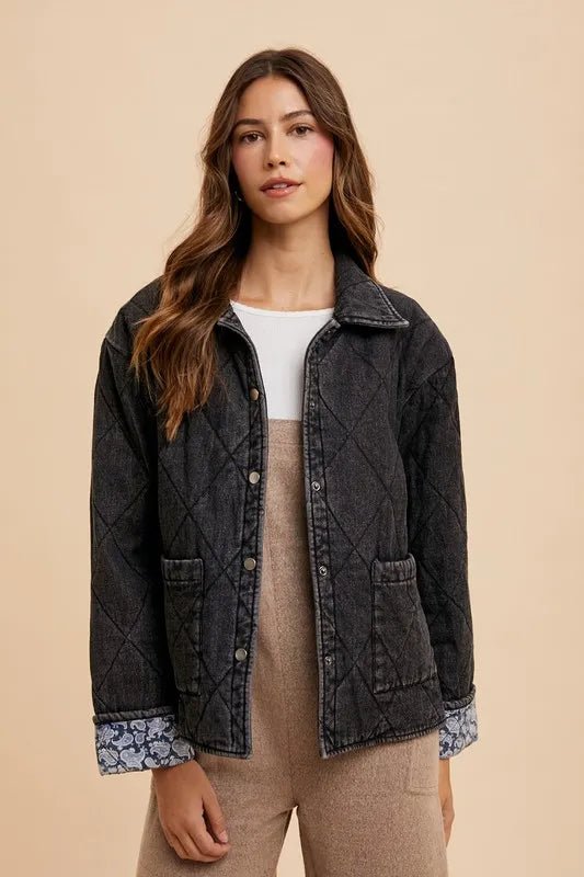 Annie Wear Quilted Printed Lining Snap Down Denim Jacket - Rare Leather