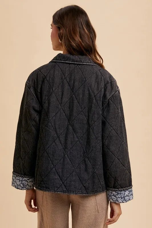 Annie Wear Quilted Printed Lining Snap Down Denim Jacket - Rare Leather