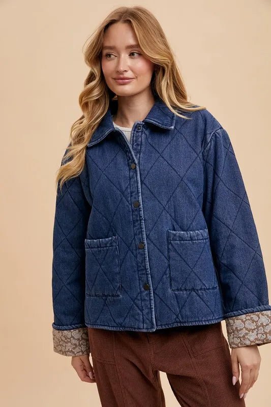 Annie Wear Quilted Printed Lining Snap Down Denim Jacket - Rare Leather