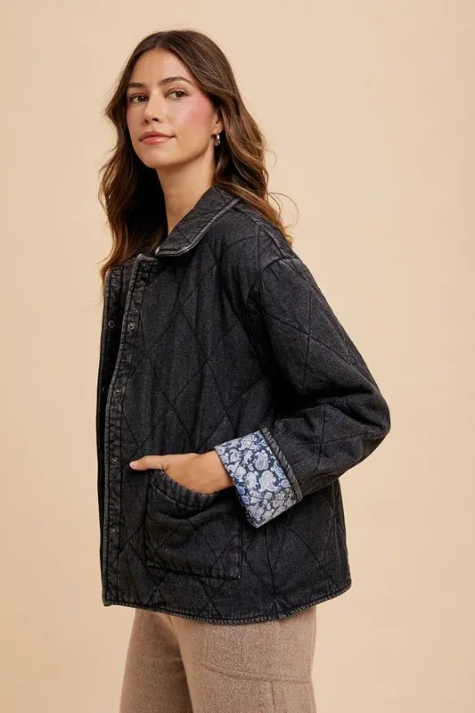 Annie Wear Quilted Printed Lining Snap Down Denim Jacket - Rare Leather