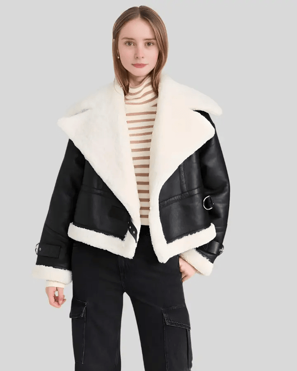 Ariana Shearling Lined Black Aviator Jacket - Rare Leather