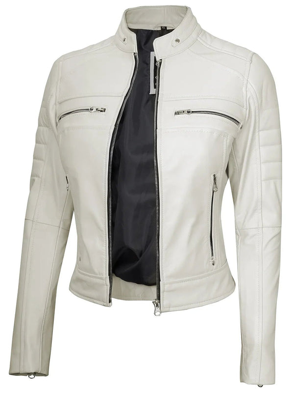 Austin Women Off White Biker Leather Jacket - Rare Leather