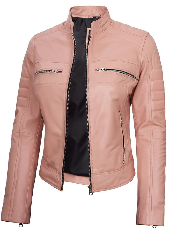 Austin Womens Pink Cafe Racer Leather Jacket - Rare Leather