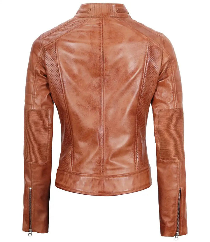 Austin Womens Tan Brown Biker Leather Jacket - Rare Leather