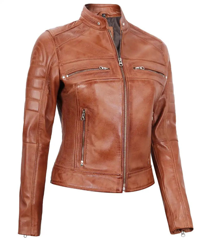 Austin Womens Tan Brown Biker Leather Jacket - Rare Leather