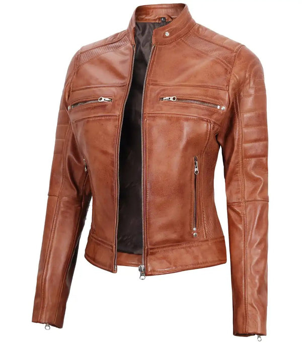 Austin Womens Tan Brown Biker Leather Jacket - Rare Leather