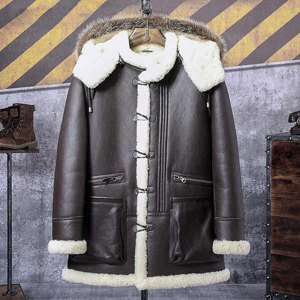 B3 Bomber Jacket Hooded Leather Jacket Shearling Coat Mens Brown - Rare Leather