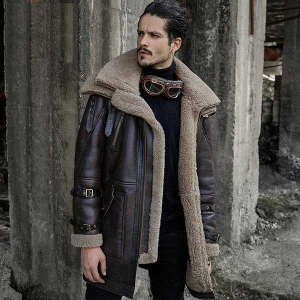 B3 Flight Jacket Men’s Shearling Aviator Fur Long Coat - Rare Leather