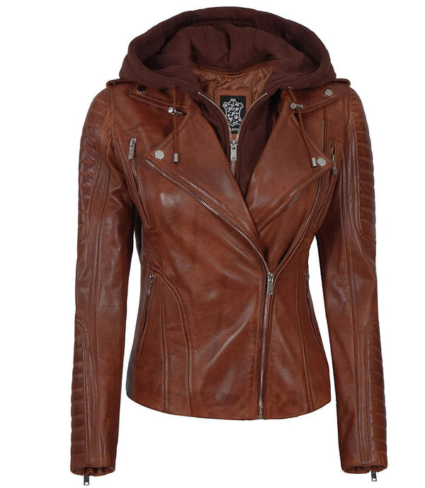 Bagheria Womens Cognac Biker Leather Jacket With Removable Hood - Rare Leather