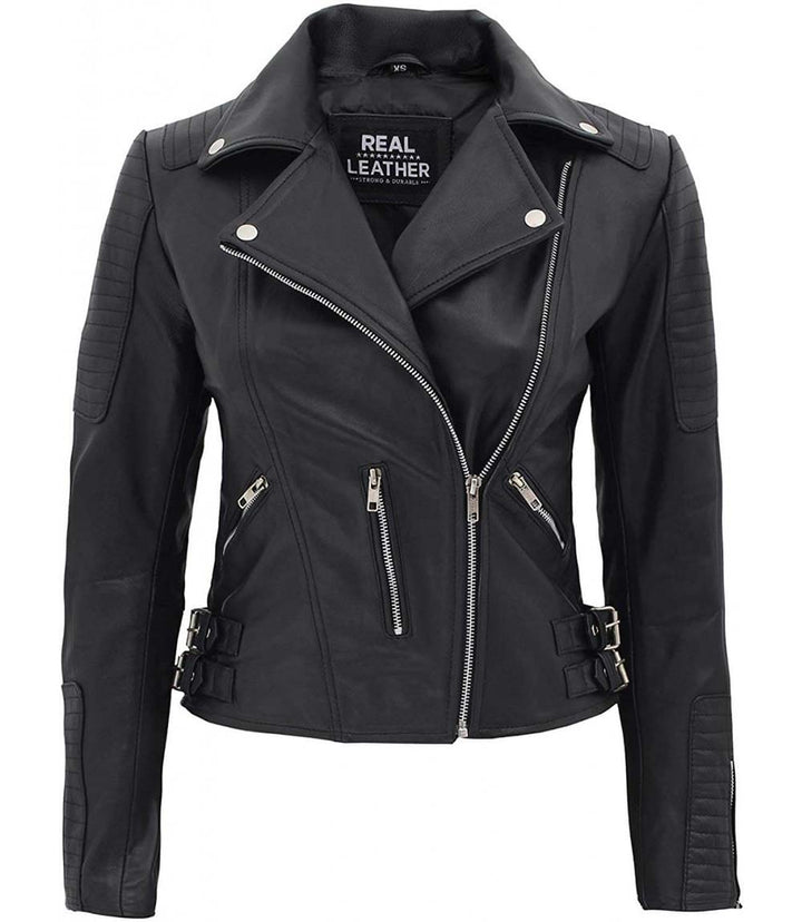 Bari Women Asymmetrical Black Leather Moto Jacket - Rare Leather