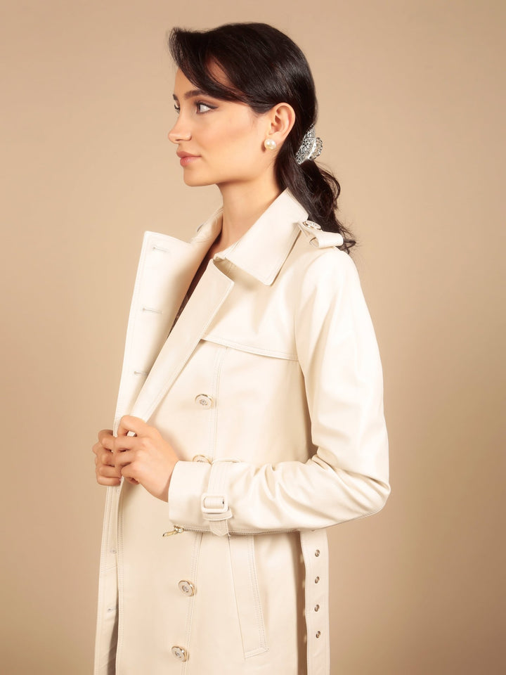 'Belle Du Jour' Leather Trench Coat in Crema - Rare Leather