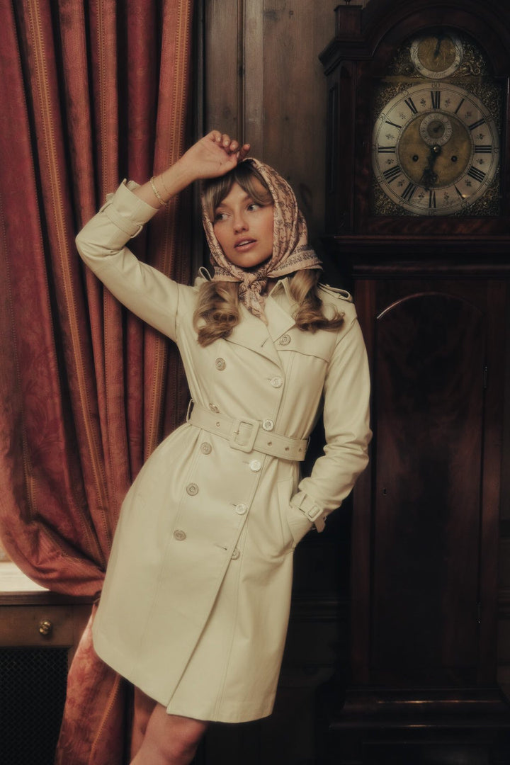 'Belle Du Jour' Leather Trench Coat in Crema - Rare Leather