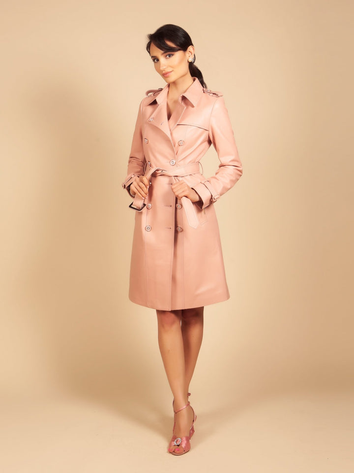 'Belle Du Jour' Leather Trench Coat in Rosa - Rare Leather