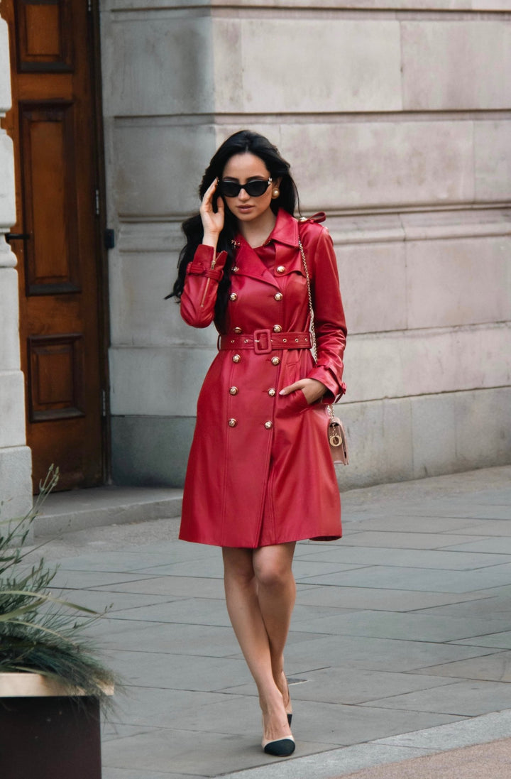 'Belle Du Jour' Leather Trench Coat in Rosso - Rare Leather