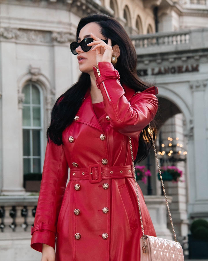 'Belle Du Jour' Leather Trench Coat in Rosso - Rare Leather