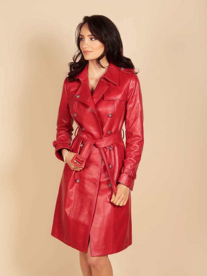 'Belle Du Jour' Leather Trench Coat in Rosso - Rare Leather