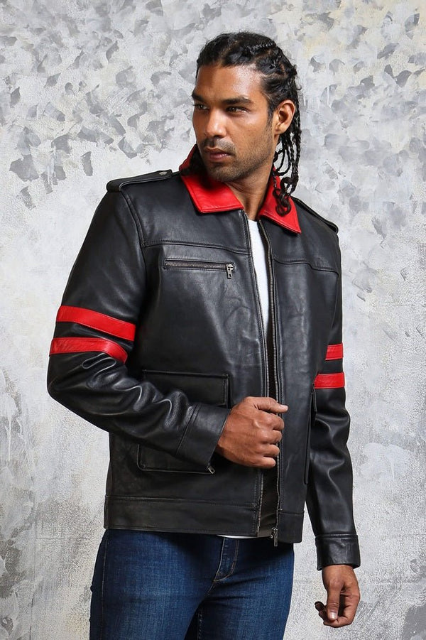 Black and Red Leather Jacket with Collar - Rare Leather