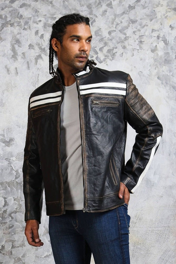 Black and White Striped Distressed Leather Jacket - Rare Leather