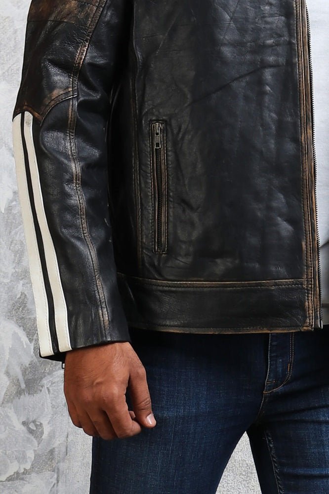 Black and White Striped Distressed Leather Jacket - Rare Leather