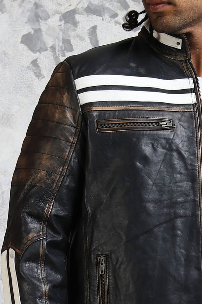 Black and White Striped Distressed Leather Jacket - Rare Leather