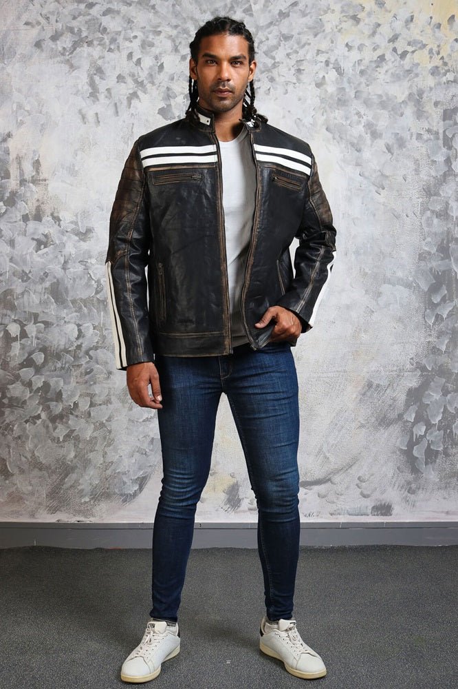 Black and White Striped Distressed Leather Jacket - Rare Leather