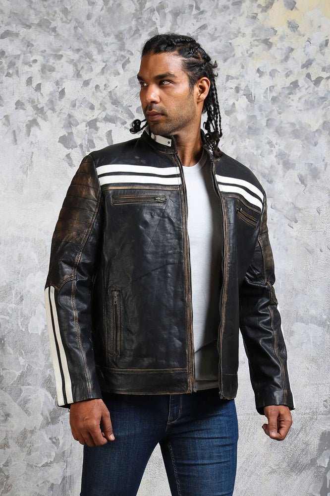 Black and White Striped Distressed Leather Jacket - Rare Leather