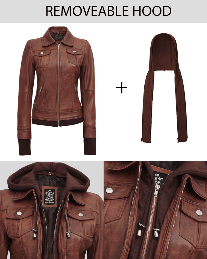 Women's Dark Brown Bomber Leather Jacket with Removable Hood - Rare Leather Order Now !!