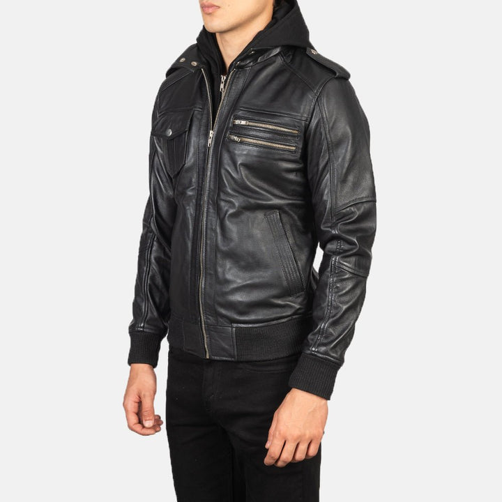 Bravado Black Hooded Leather Bomber Jacket - Rare Leather