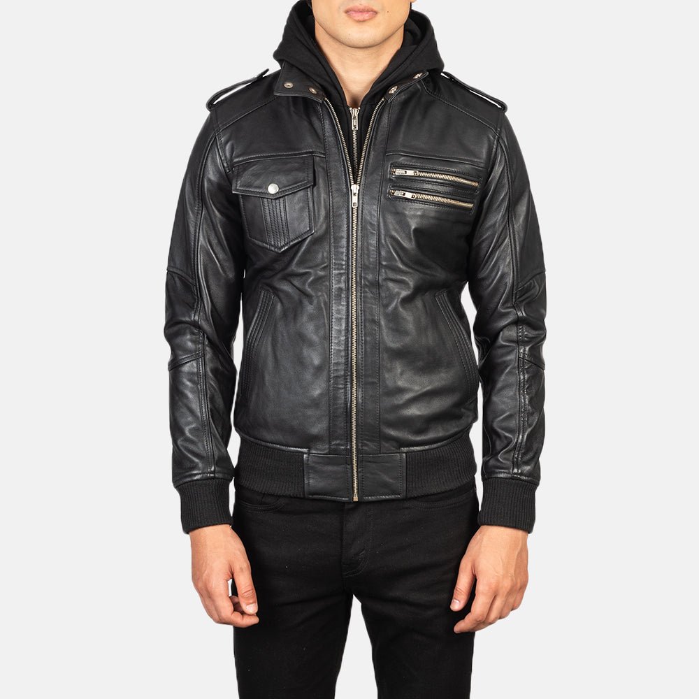 【BALR.】2way HOODED LEATHER BOMBER JACKET Bravado Black Hooded Leather Bomber Jacket – Premium Jacket | Rare