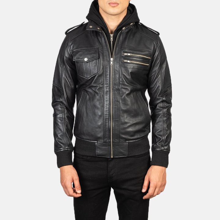 Bravado Black Hooded Leather Bomber Jacket - Rare Leather