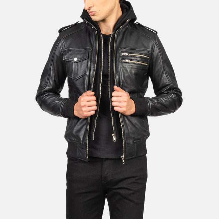 Bravado Black Hooded Leather Bomber Jacket - Rare Leather