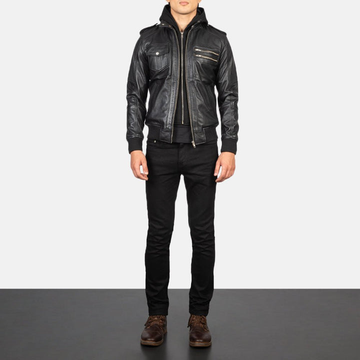 Bravado Black Hooded Leather Bomber Jacket - Rare Leather