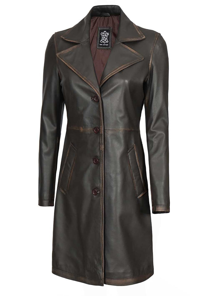 Bryson Women's Rub Off Dark Brown Leather Long 3/4 Coat - Rare Leather