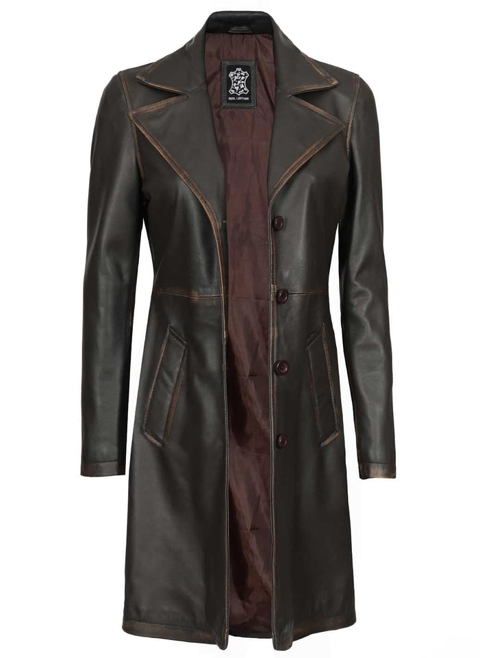 Bryson Women's Rub Off Dark Brown Leather Long 3/4 Coat - Rare Leather
