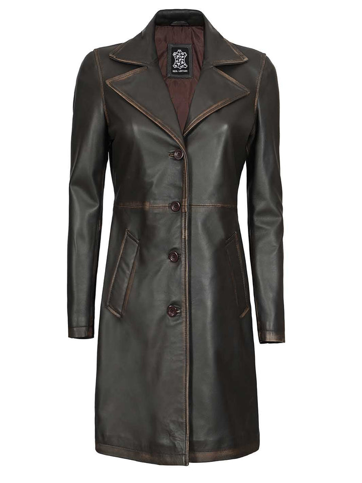 Bryson Women's Rub Off Dark Brown Leather Long 3/4 Coat - Rare Leather