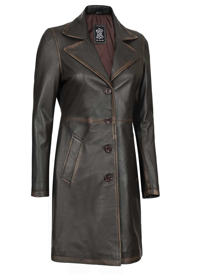 Bryson Women's Rub Off Dark Brown Leather Long 3/4 Coat - Rare Leather