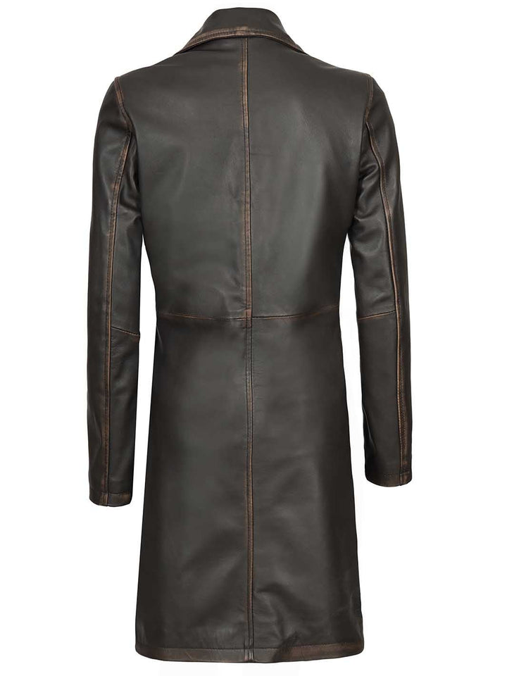 Bryson Women's Rub Off Dark Brown Leather Long 3/4 Coat - Rare Leather