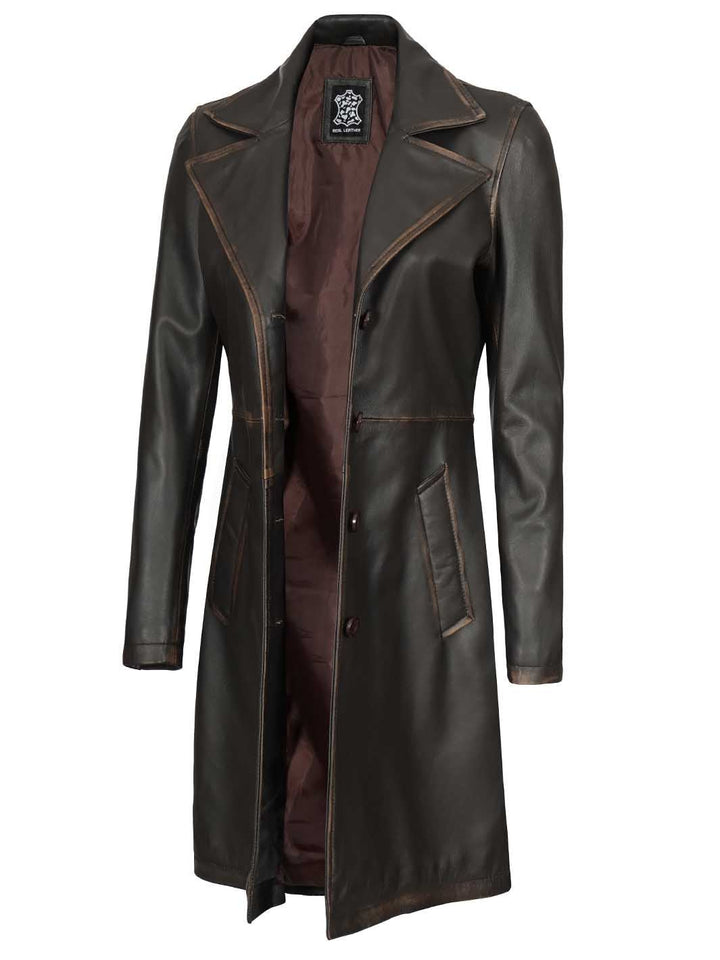 Bryson Women's Rub Off Dark Brown Leather Long 3/4 Coat - Rare Leather