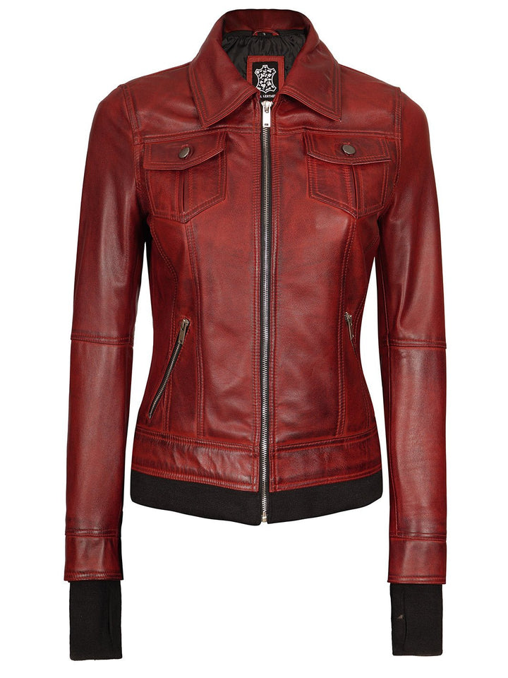 Burgundy Womens Leather Bomber Jacket with Hood - Rare Leather