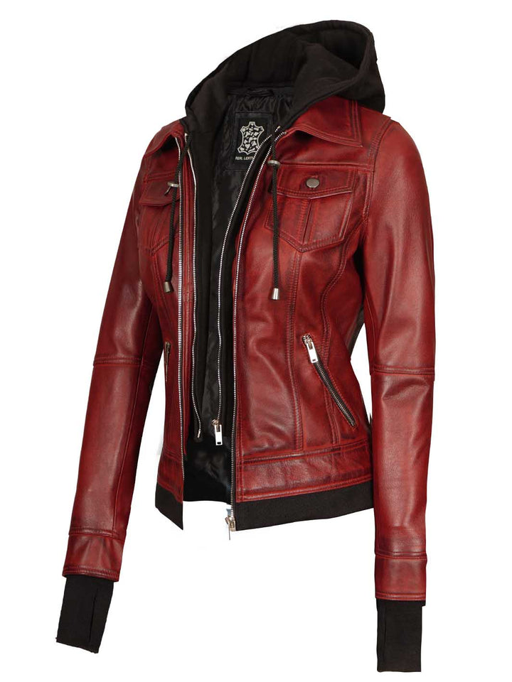 Burgundy Womens Leather Bomber Jacket with Hood - Rare Leather