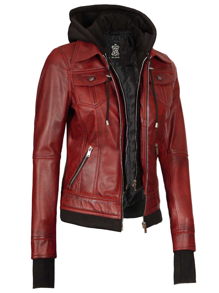 Burgundy Womens Leather Bomber Jacket with Hood - Rare Leather